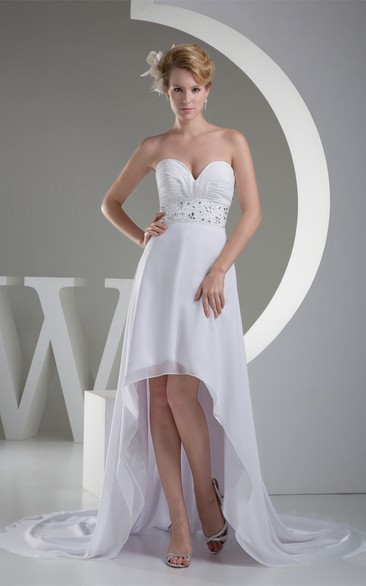 A-Line Jeweled Satin Sash High-Low Sweetheart Ruched Dress