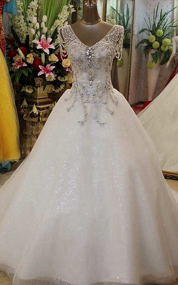 Ball Gown Court Train V-neck Cap Short Sleeve Tulle Dress with Beading