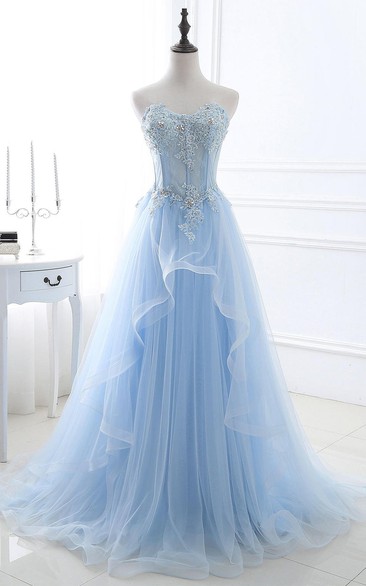 Strapless Sweetheart Lace Tulle Sleeveless Sweep Train Corset Back A Line Prom Dress