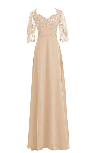 Full-Length Ruched Waist Lace-Sleeve Long Gown