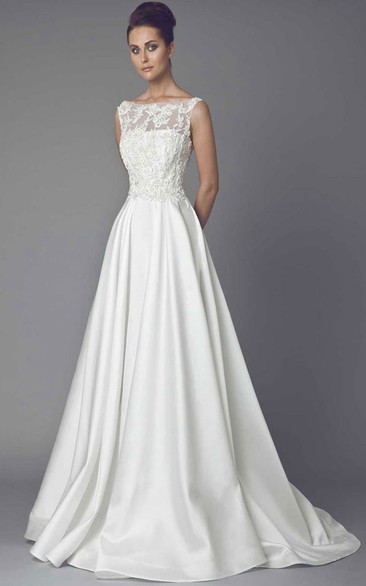 Bateau A-line Satin Appliqued Wedding Dress With Illusion And Sweep Train