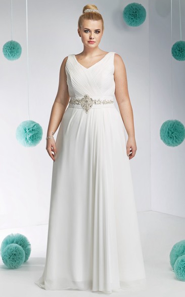 Chiffon V-neck Sleeveless Ruched plus size wedding dress With Embellished Waist