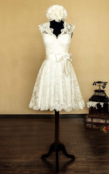 Short Bow Flower Sleeveless V-Neckline Bridal Dress