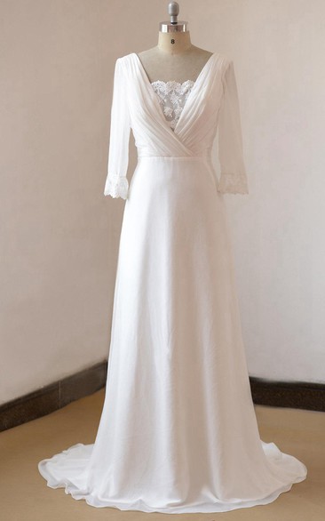 Scoop-neck 3-4-sleeve A-line Wedding Dress With Deep-V Back And Sweep Train