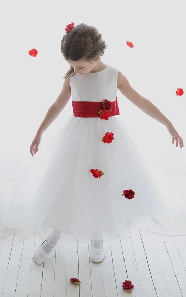 Tulle Slit-Front Tea-Length Sequined Flower Girl Dress