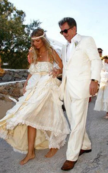 A-Line Chiffon Vintage Sleeveless Spaghetti Straps Cross Back Beach Wedding Dress