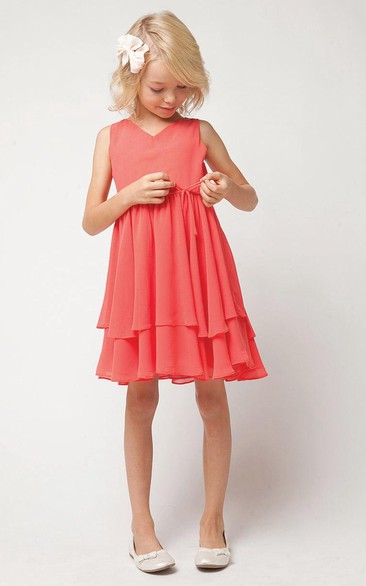 Tiered Satin Sash Pleated Strapped Chiffon Flower Girl Dress