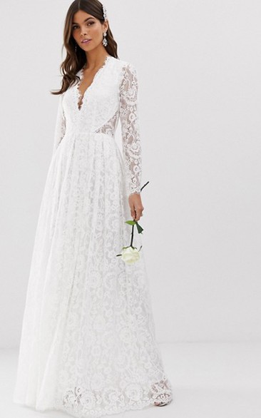 Sexy Lace Sheath Plunging Neckline Long Sleeve Wedding Dress