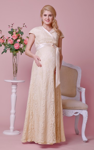 Lace Criss-Crossed V Neckline Column Cap-Sleeved Gown