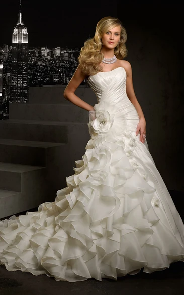Sleeveless Cascading-Ruffled Flower Floor-Length A-Line Organza Dress