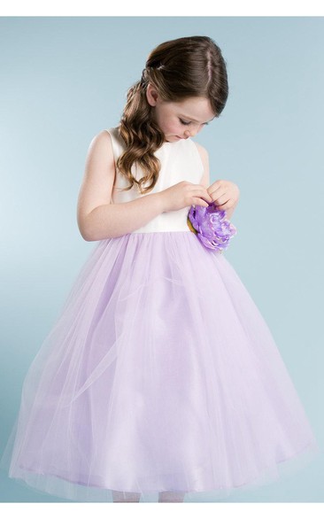 Tulle-Skirt Bow Satin Ribbon Scoop-Neckline Sleeveless Dress