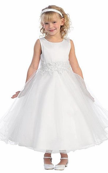 Layered Tea-Length Floral Lace Flower Girl Dress