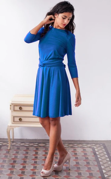 Bateau 3-4-sleeve short Dress With Pleats And bow