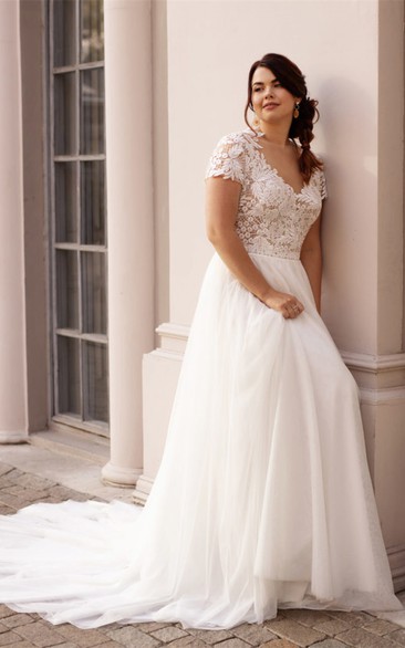 Romantic Lace A Line Bateau Court Train Wedding Dress with Ruching