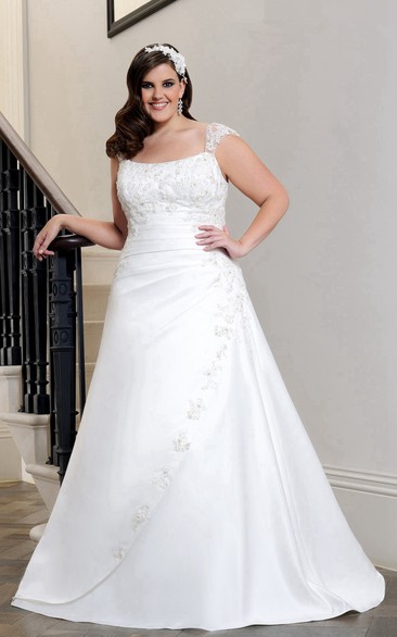 Queen Anne A-line Satin side-ruched Wedding Dress With Applique And Corset Back