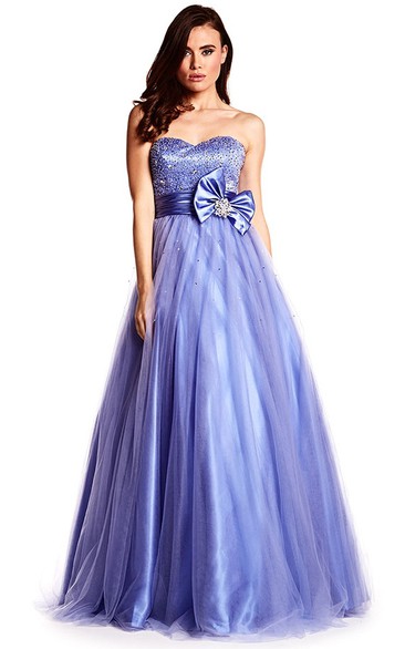 Sweetheart A-line Tulle Satin Prom Dress With Beading And bow