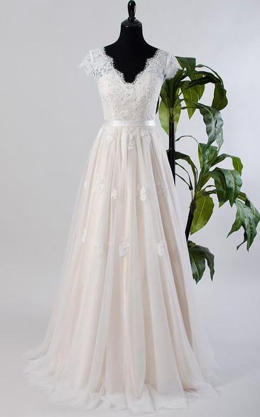 Lace Low-V Back Bridal Tulle Cap-Sleeve Satin Dress