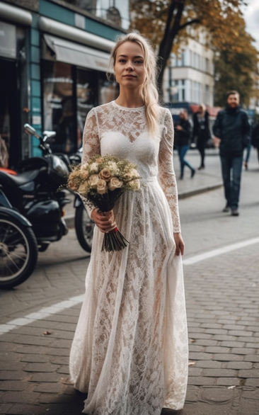 Modest Vintage Lace Long Sleeve Sheath Wedding Dress