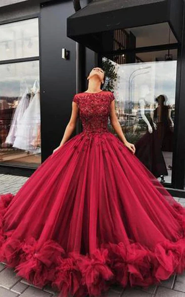 Red Applique Tulle Cap Scoop-neck Quinceanera Prom Dress