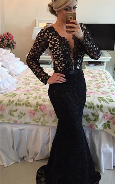 Black Long Sleeve Fishtail V-Neckline Newest Formal Lace Gown