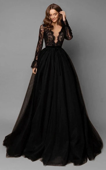 Black V neck Ball Gown Long Illusion Sleeve Tulle Wedding Dress with Appliques and Ribbon