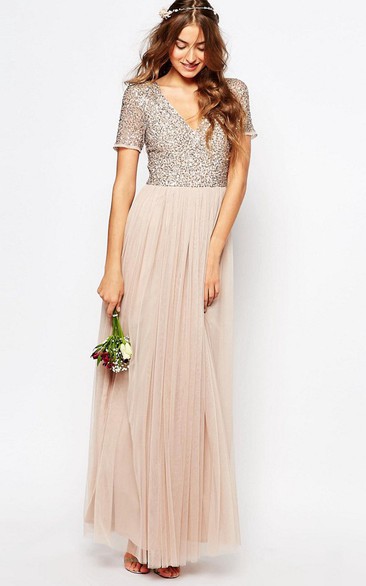 V-neck Short Sleeve Ankle-length Tulle Dress With Sequined top