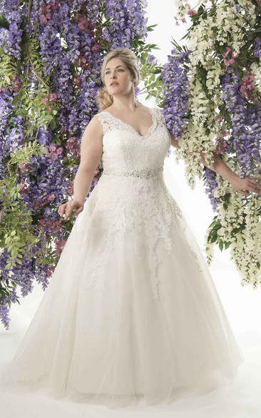 Plunged Sleeveless A-line Tulle Ball Gown With Appliques And Jeweled Waist