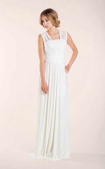 Sleeveless Pleated Floor-Length Lay Lace Ivory Dress
