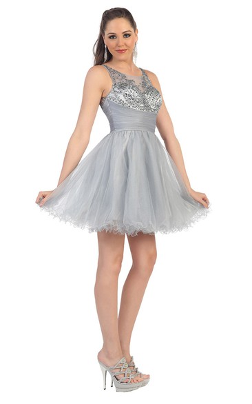 Scoop-neck Sleeveless Tulle Ruffled A-line Dress With Beading And Illusion back