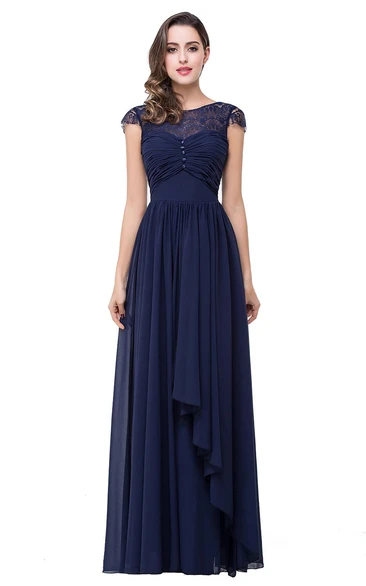 Lace Bowknot Cap Sleeve Prom Chiffon Elegant A-Line Dress