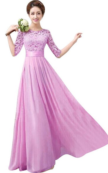 Bateau Half Sleeve Floor-length Dress With Lace top
