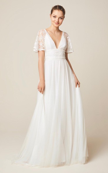 Charming Open Back Short Sleeve Wedding Dress With Court Train