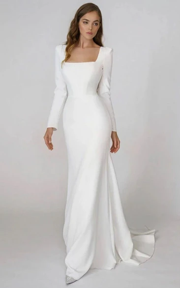 Square Neck Long Sleeves Backless Party Elegant Satin Mermaid Bridal Modern Classy Bridal Gown