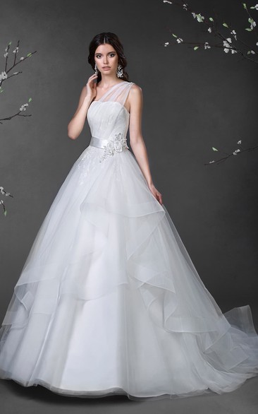 One-Shoulder Draping Tulle Layers Ball-Gown Princess Satin Lace-Up Dress