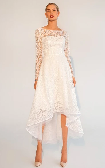 A Line Vintage High-low Lace Long Sleeve Wedding Gown