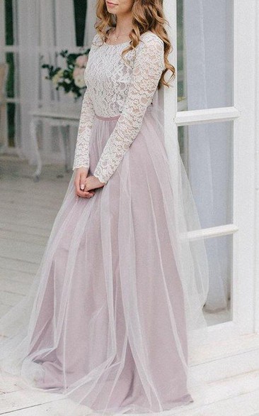 Scoop-neck Long Sleeve Tulle Floor-length Dress With Lace top