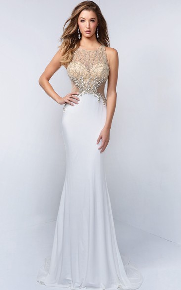 Scoop-neck Sleeveless Sheath Jersey Prom Dress With Beading And Illusion