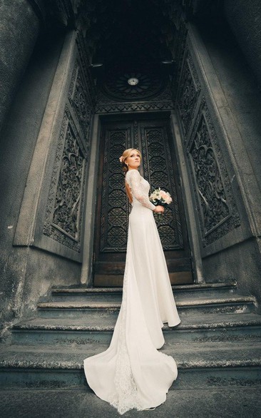 Bateau Illusion Lace Long Sleeve Sheath Wedding Dress With Keyhole back And Court Train