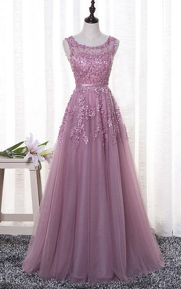Cute Bateau Sleeveless Floor-length Tulle Dress With Floral Appliques And Beading