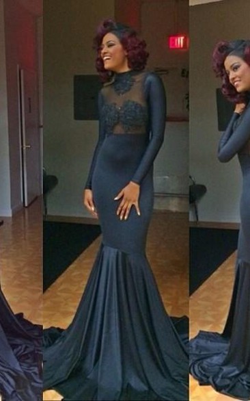 Sexy Mermaid High Neck Evening Dresses Appliques Long Sleeve Prom Gowns
