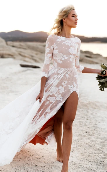 Boho Ethereal Beach Long Sleeve Front Split Low-v Back Front Split Wedding Dress