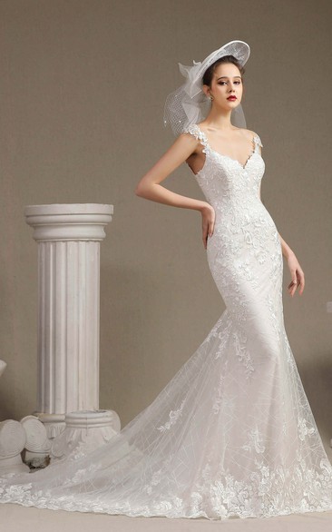 Sexy V-neck Mermaid Wedding Gown With Appliqued Straps Illusion Back And Lace