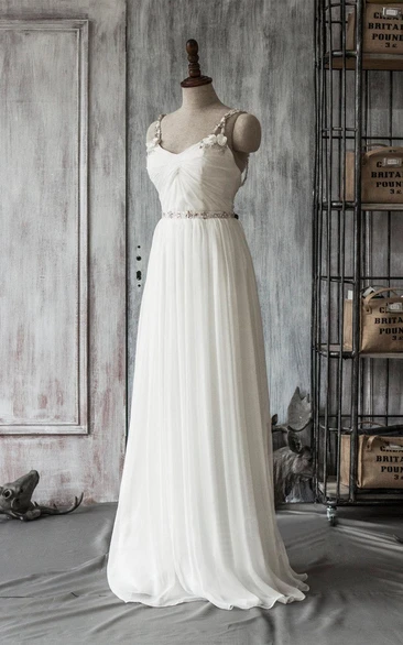 Chiffon Crystal Jeweled Satin Ribbon Floor-Length Spaghetti-Strap Dress
