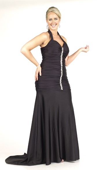 Haltered Ruched long plus size Dress With Beading And Sweep Train