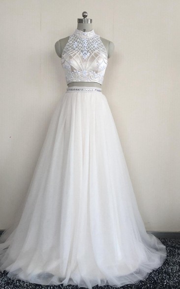 Sleeveless Jewel High-Neckline Two-Piece Tulle Dress