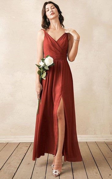 Casual A Line Chiffon V-neck Ankle-length Bridesmaid Dress With Ruching