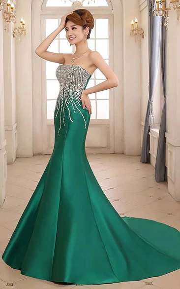 Mermaid Sweep Train Strapless Sleeveless Satin Dress with Beading