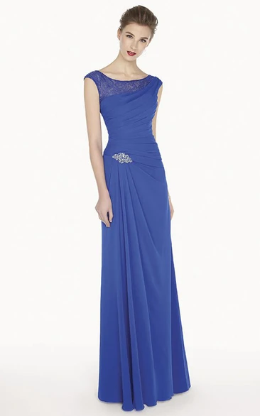 Bateau Cap-sleeve Jersey Sheath Dress With Lace And Draping