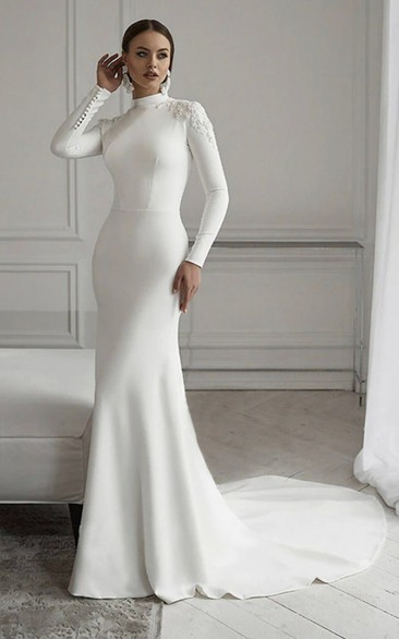 Modest Long Sleeve Elegant Applique Mermaid High Neck Muslim Bride Gown in Soft Satin Wedding Dress