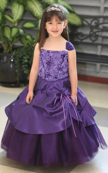 Tulle Satin Sash Jeweled Ankle-Length Flower Girl Dress